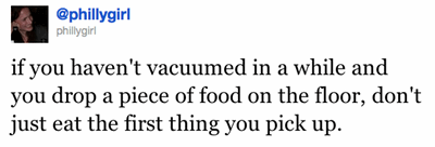 if you haven't vacuumed in a while and you drop a piece of food on the floor, don't just eat the first thing you pick up.